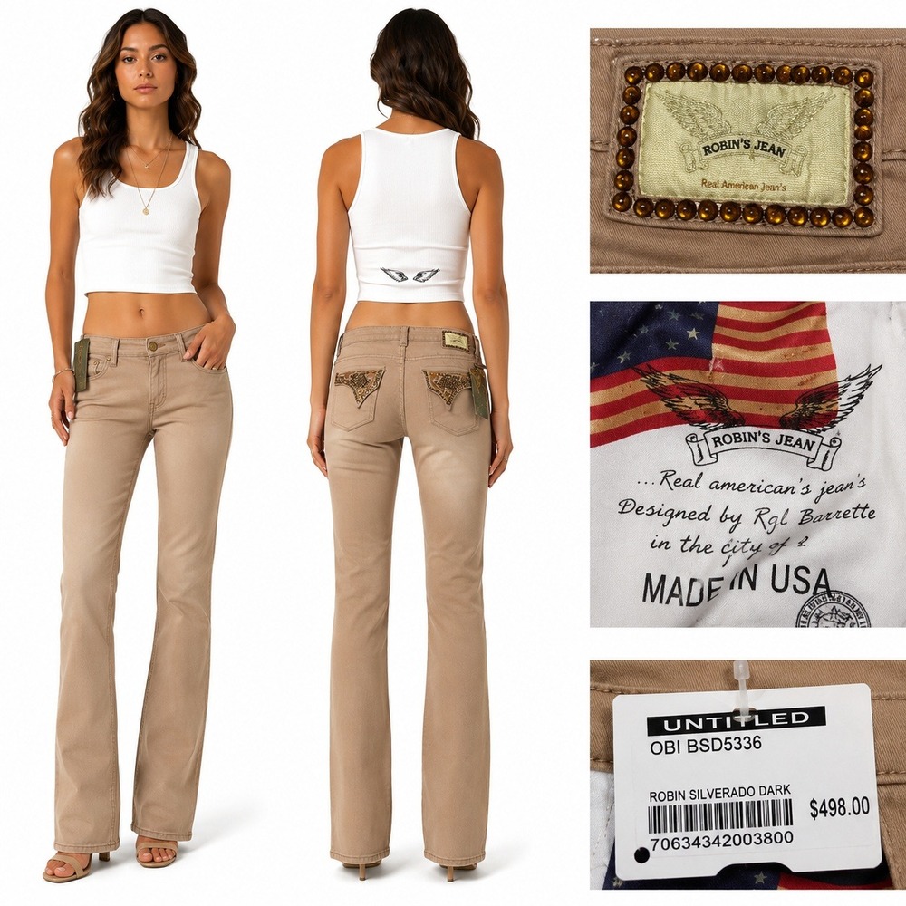 Robins Jean Women Pants 34 Taupe Slim Bootcut Studded USA MSRP $498 New Defects